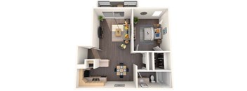 A small, modern apartment with a kitchen, living room, and bathroom.