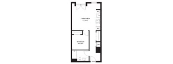 A black and white image of a floor plan for a bedroom and living area.