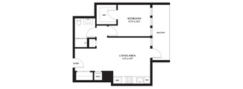 A black and white floor plan of a small apartment with a living area, bedroom, and bathroom.