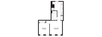 A black and white image of a floor plan for a bedroom and living area.