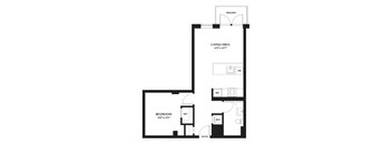 A black and white floor plan of a small apartment with a living area, bedroom, and bathroom.