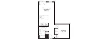 A black and white floor plan of a small apartment with a living area, bedroom, and bathroom.