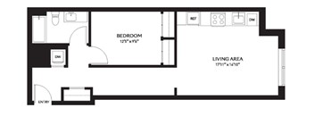 A black and white floor plan of a small apartment with a bedroom, living area, and a bathroom.