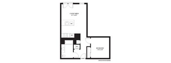 A floor plan of a living area, bedroom, and bathroom.