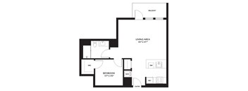 A black and white image of a floor plan for a home with a living area, bedroom, and bathroom.