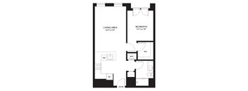 A black and white image of a floor plan for a bedroom and living area.