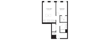 A black and white image of a floor plan for a bedroom and living area.