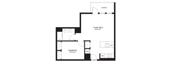 A black and white image of a house plan with a balcony, living area, and bedroom.