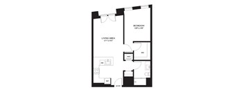 A black and white image of a floor plan for a bedroom and living area.