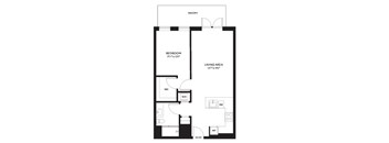 A black and white floor plan of a balcony, bedroom, and living area.