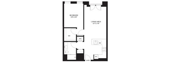 A black and white floor plan of a bedroom and living area.