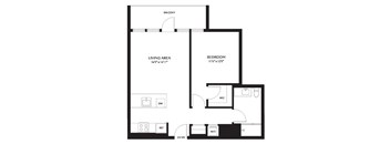 A black and white image of a floor plan for a living area, bedroom, and balcony.