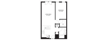 A black and white image of a floor plan for a bedroom and living area.