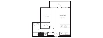 A black and white image of a floor plan for a home with a bedroom, living area, and balcony.