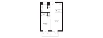 A black and white image of a floor plan for a home with a bedroom, living area, and balcony.