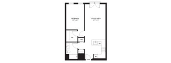 A black and white floor plan of a bedroom and living area.