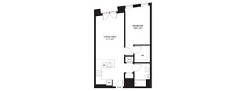 A black and white image of a floor plan for a bedroom and living area.