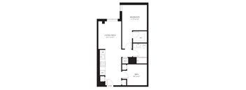 A black and white image of a floor plan for a bedroom, living area, and den.