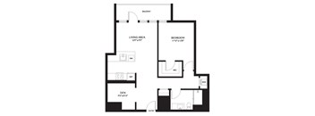 A black and white image of a floor plan for a home with a living area, bedroom, and den.