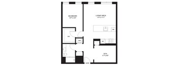 A black and white floor plan of a living space with a bedroom, living area, and den.