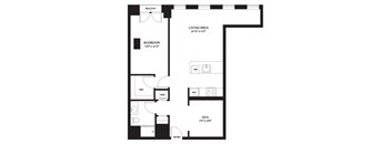 A black and white floor plan of a house with a living area, bedroom, den, and bathrooms.