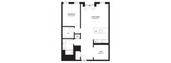 A black and white floor plan of a house with a bedroom, living area, den, and two bathrooms.