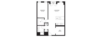 A black and white image of a floor plan for a home with a balcony, bedroom, living area, den, and two bathrooms.