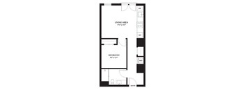 A black and white image of a floor plan for a bedroom and living area.