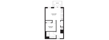 A black and white image of a floor plan for a one bedroom apartment.