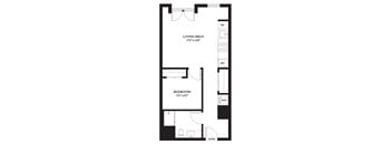 A black and white image of a floor plan for a bedroom and living area.