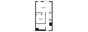 A black and white floor plan of a small apartment with a bedroom and living area.