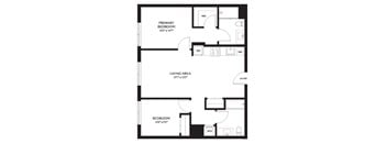 A black and white image of a floor plan for a home with a primary bedroom, living area, and a second bedroom.