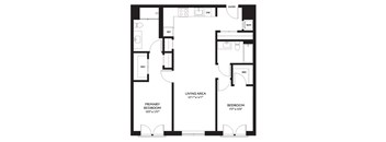 A black and white floor plan of a house with a living area, primary bedroom, and a bedroom.