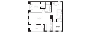 A black and white image of a house floor plan with a living area, two bedrooms, a balcony, and a primary bedroom.