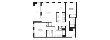 A black and white image of a floor plan for a home with a den, living area, and two bedrooms.