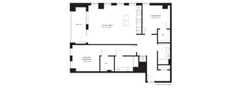 A floor plan of a home with a living area, two bedrooms, and a wheelchair accessible entry.