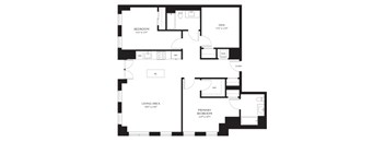 A black and white image of a floor plan for a house with a living area, primary bedroom, den, and bathroom.