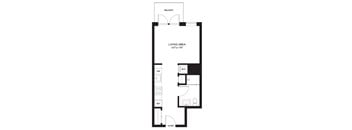 A black and white floor plan of a living area with a balcony.