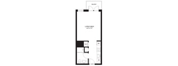 A black and white floor plan of a living area with a balcony.