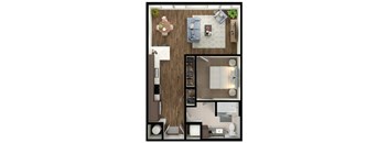 A top-down view of a small apartment with a kitchen, living room, and bathroom.