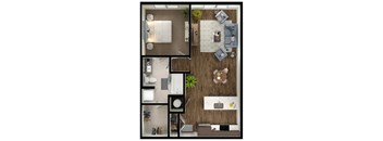A top-down view of a small apartment with a living area, kitchen, and bathroom.