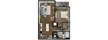 A top-down view of a small apartment with a living room, kitchen, and bathroom.
