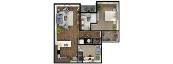 A floor plan of a small apartment with a living room, kitchen, and bathroom.
