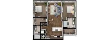 A top-down view of a small apartment layout with a kitchen, living room, and bathroom.