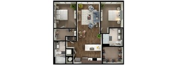 A top-down view of a small apartment layout with a kitchen, living room, and bathroom.