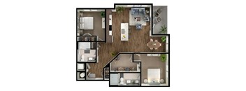 A top-down view of a house layout with a living room, kitchen, dining area, and bedrooms.