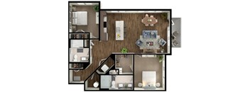 A floor plan of a house with a living room, dining room, kitchen, and bathrooms.