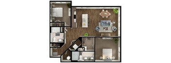 A top-down view of a house layout with a living room, kitchen, and bedrooms.