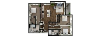 A top-down view of a house layout with a kitchen, living room, and bedrooms.
