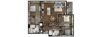 A top-down view of a house layout with a kitchen, living room, and bedrooms.